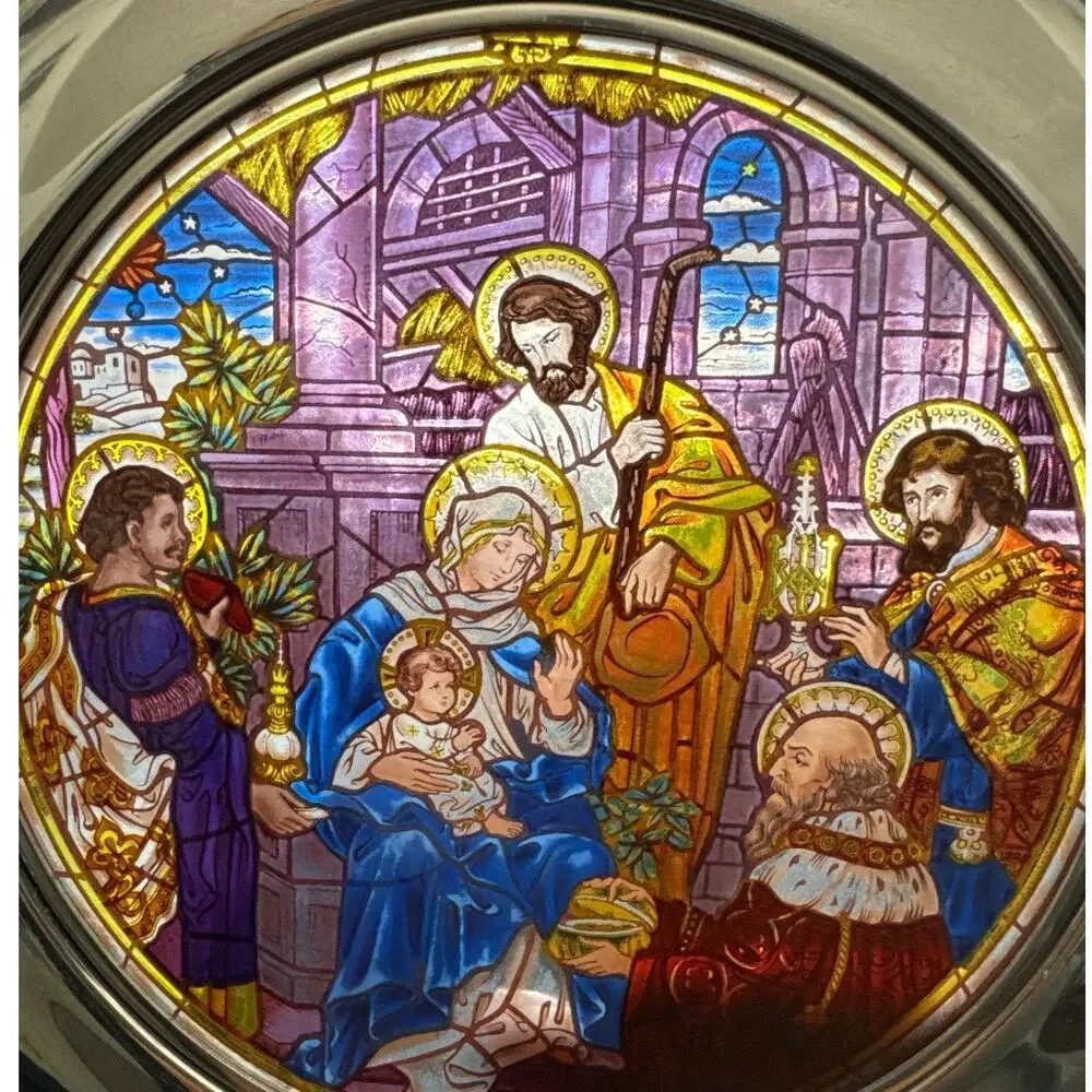 Vintage Hand Made Stained Glass Pewter Nativity Plate